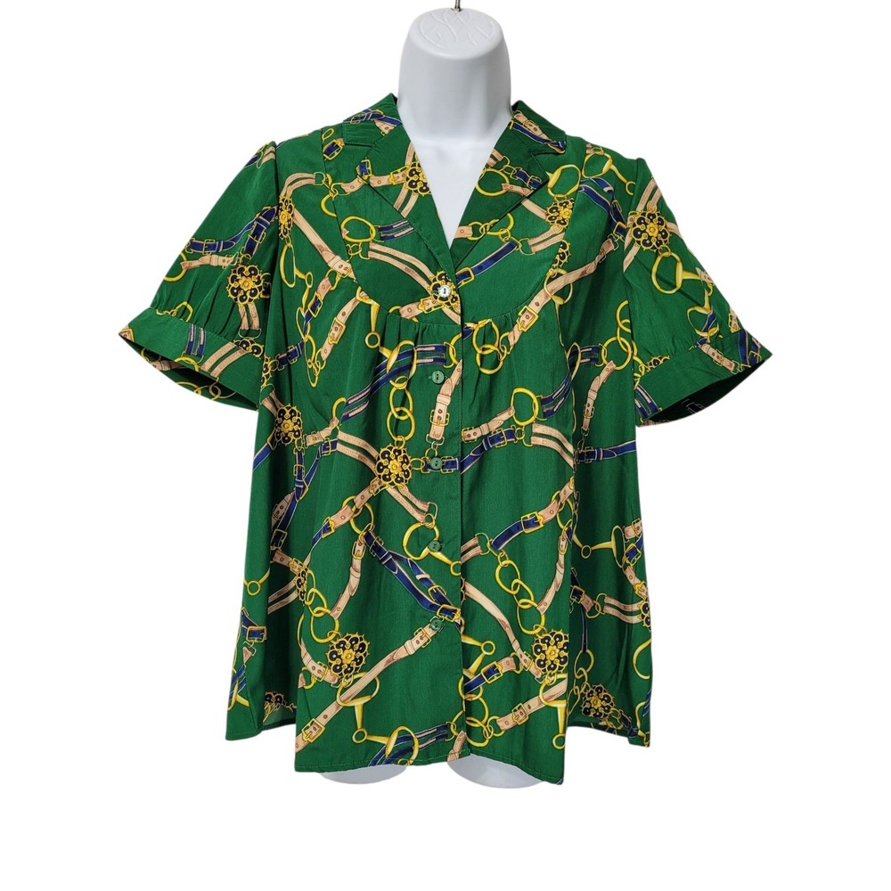 Roamans Equestrian Top 14W Green Yellow Short Sleeve‎ Button Bit Bridle Horse